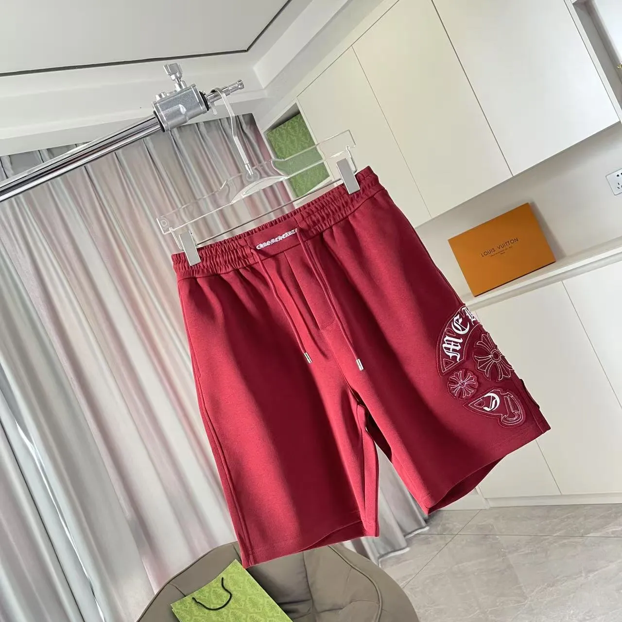 🅿️280 ch Crow* 2025 new summer shorts Sanskrit horseshoe cross laser patch embroidery Customized fabric 350g Same style for men and women Size: M L XL XXL XXXL Five codes Color: black red blue